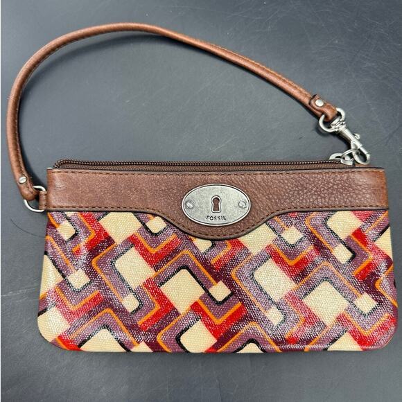 FOSSIL Key-Per Coated Canvas Wristlet Red Purple Tan Keyper EUC - Picture 1 of 8